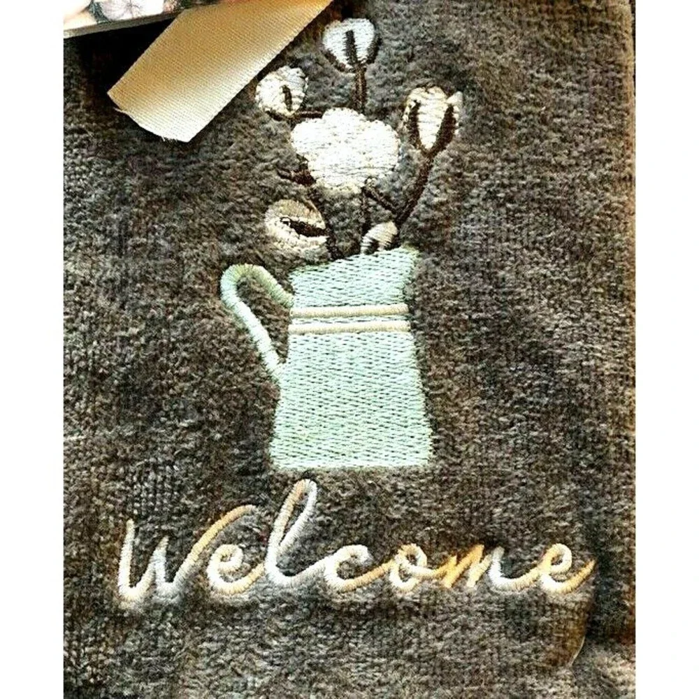 Welcome Spring Hand Towels Watering Can Embroidered Bathroom Gray Set of 2